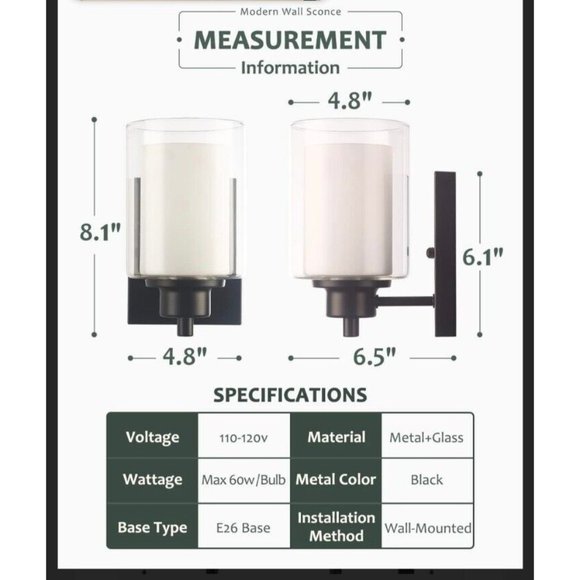 2 Pack Bath Vanity Light Fixture Modern Indoor Wall Scone Lighting Black - Picture 3 of 3